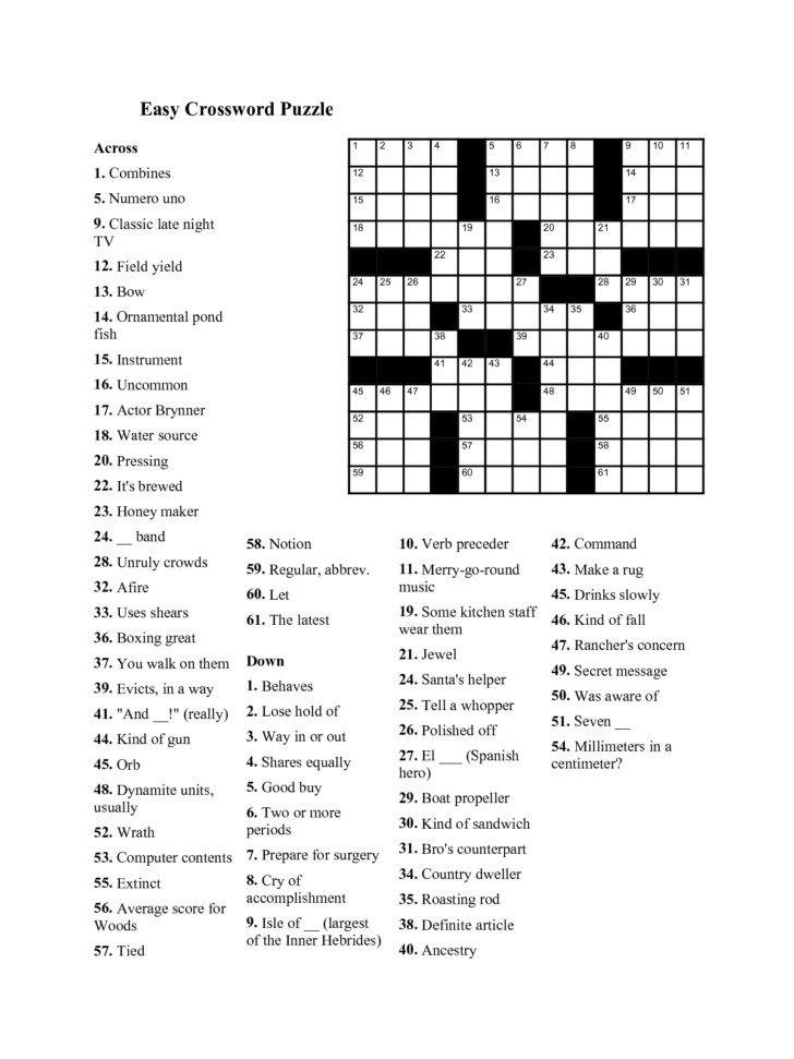 Easy Free Crossword Puzzles Printable