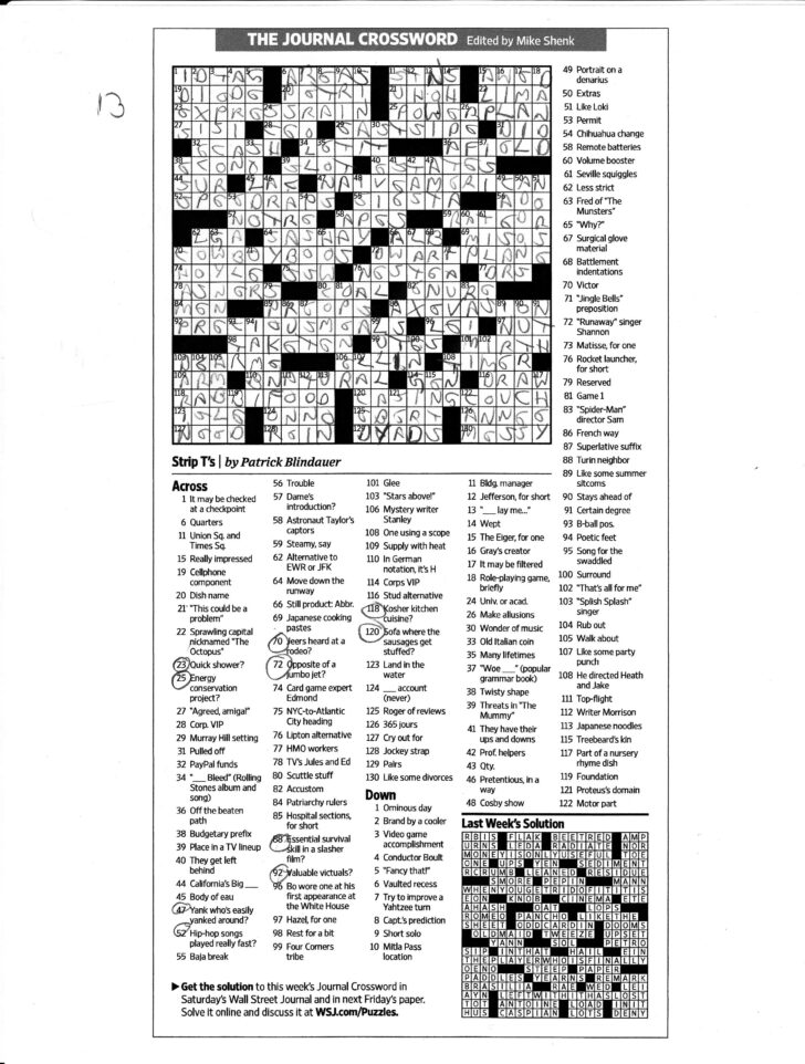 Wall Street Journal Crossword Puzzle Printable