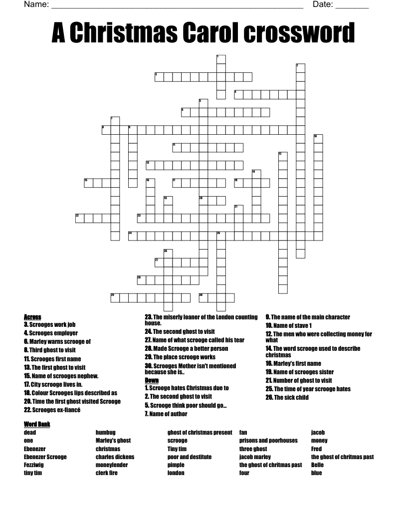 A Christmas Carol Crossword - Wordmint inside Christmas Carol Role Crossword Puzzles