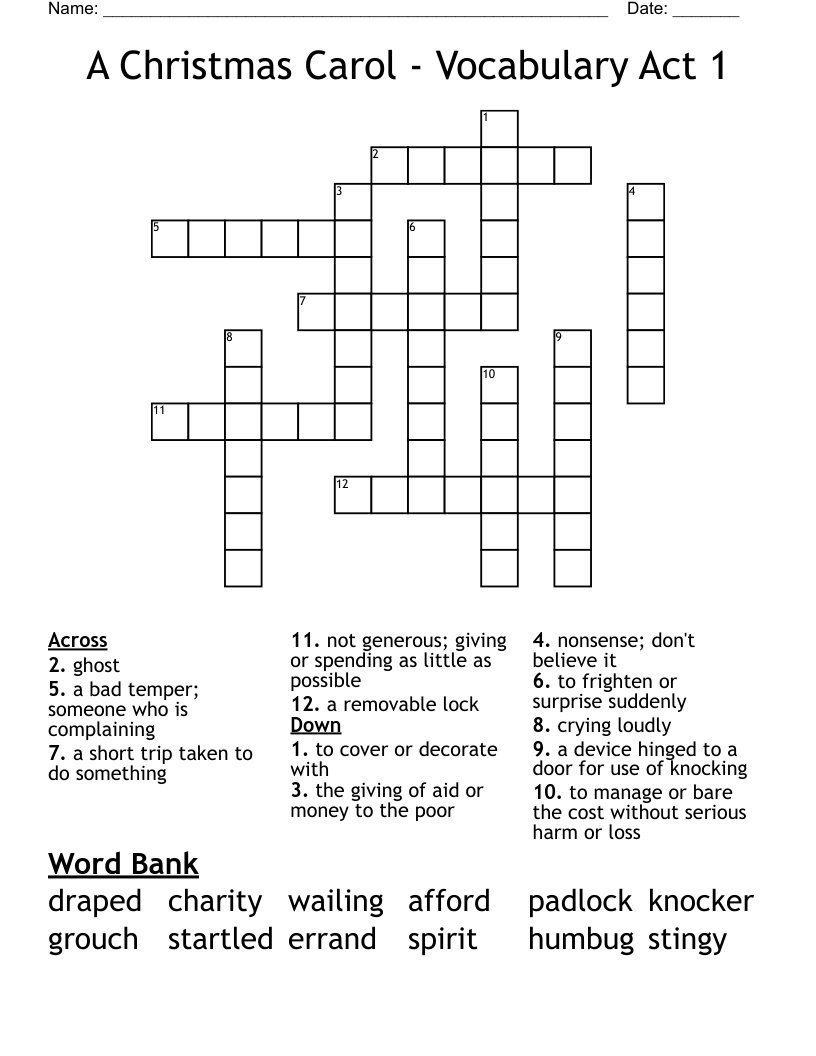 A Christmas Carol - Vocabulary Act 1 Crossword - Wordmint within Christmas Carol Act 1 Crossword Puzzles Answers