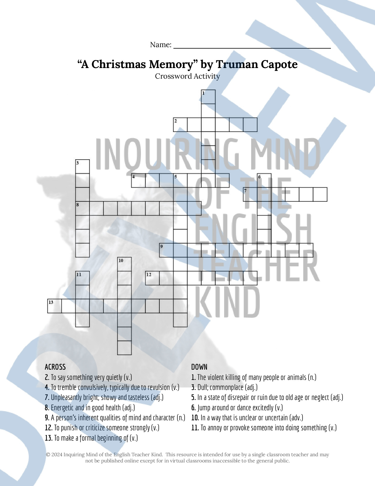 A Christmas Memorytruman Capote Vocabulary Games And inside Christmas Memory Crossword Puzzles