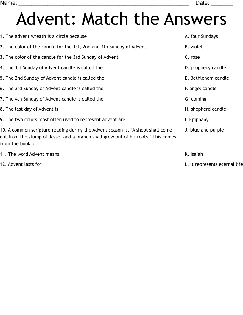 Advent: Match The Answers Worksheet - Wordmint intended for Advent Christmas And Epiphany Crossword Puzzles Answers