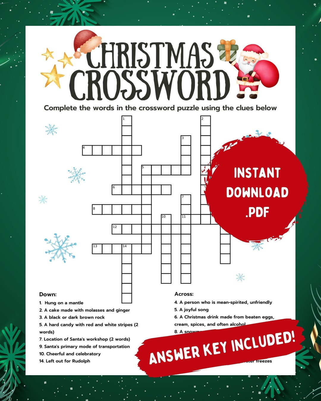 Christmas Crossword, Crossword With Answer Key, Printable inside Christmas Carol 14 Crossword Puzzles Answers