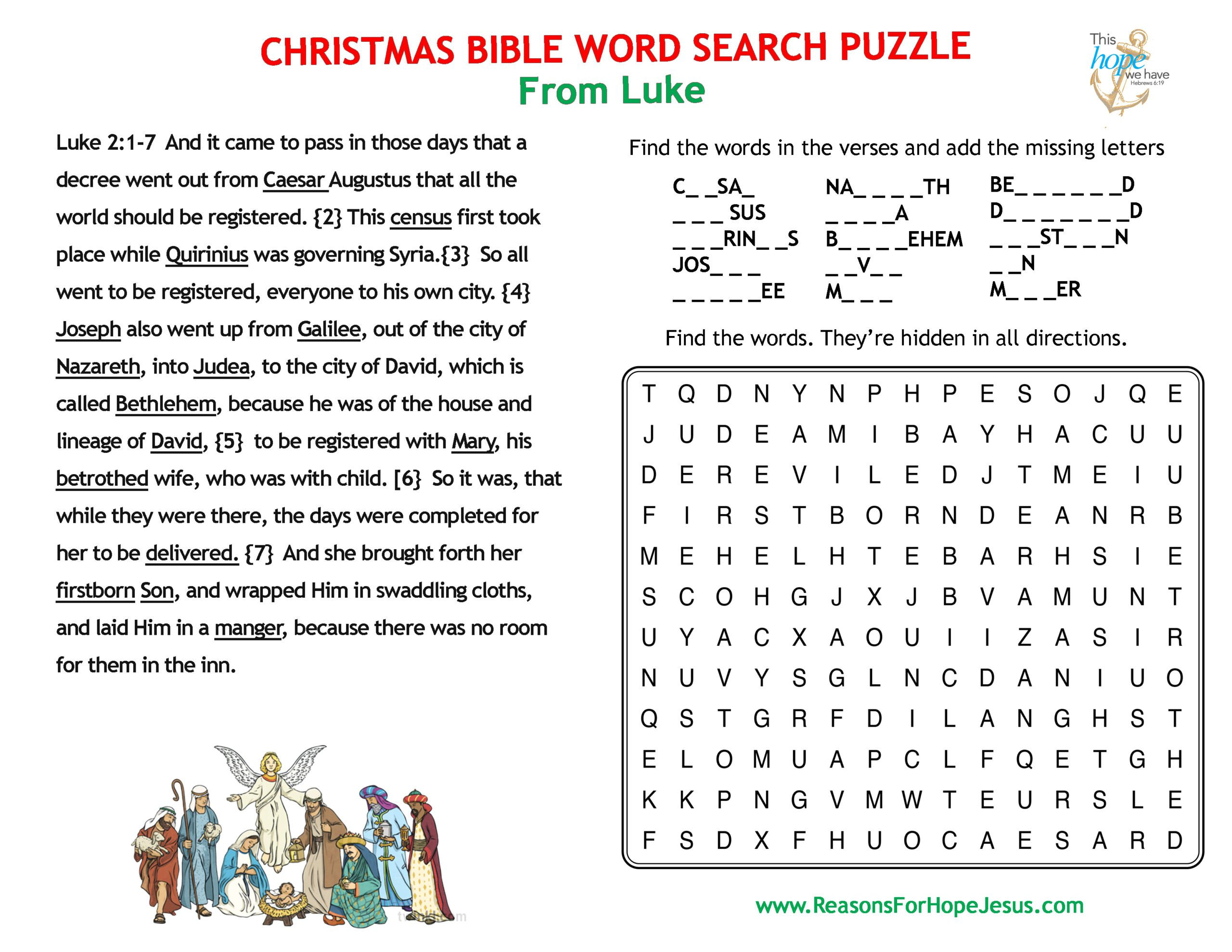 Christmas Word Search Puzzle From Luke » Reasons For Hope* Jesus for Bible Crossword Puzzles On Christmas