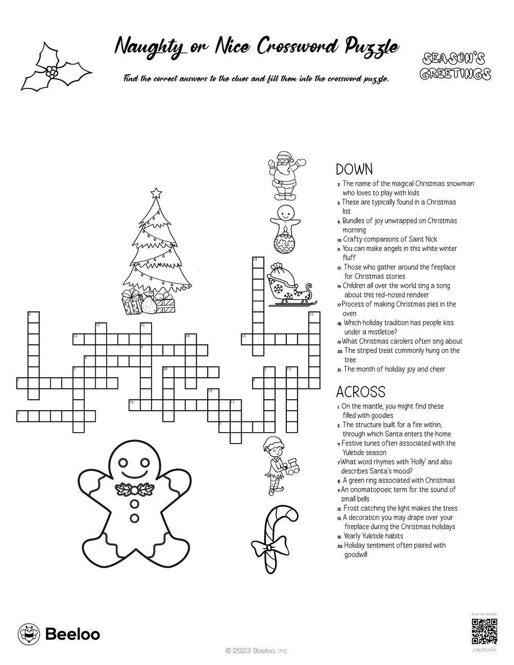 Naughty Or Nice Crossword Puzzle • Beeloo Printable Crafts And for Christmas Story Crossword Puzzles Maker