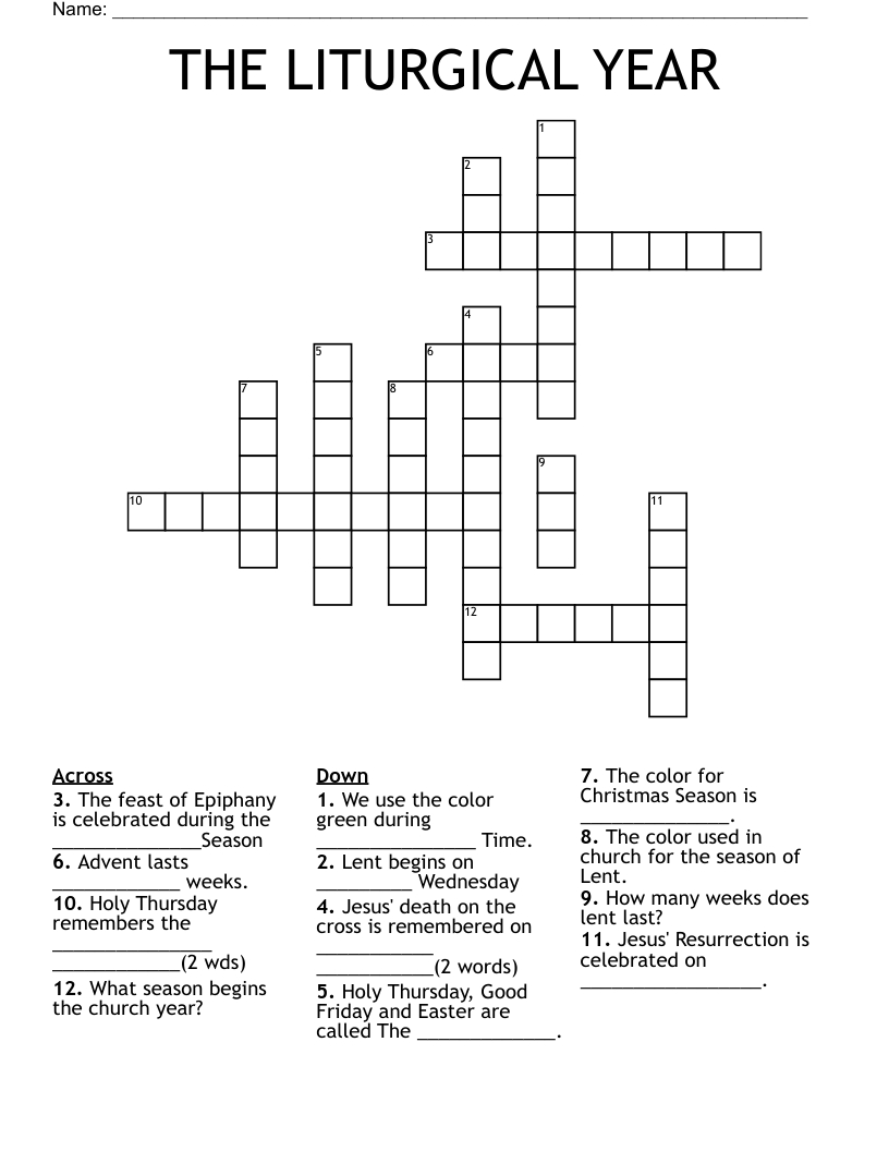 The Liturgical Year Crossword - Wordmint within Advent Christmas and Epiphany Crossword Puzzles Answers