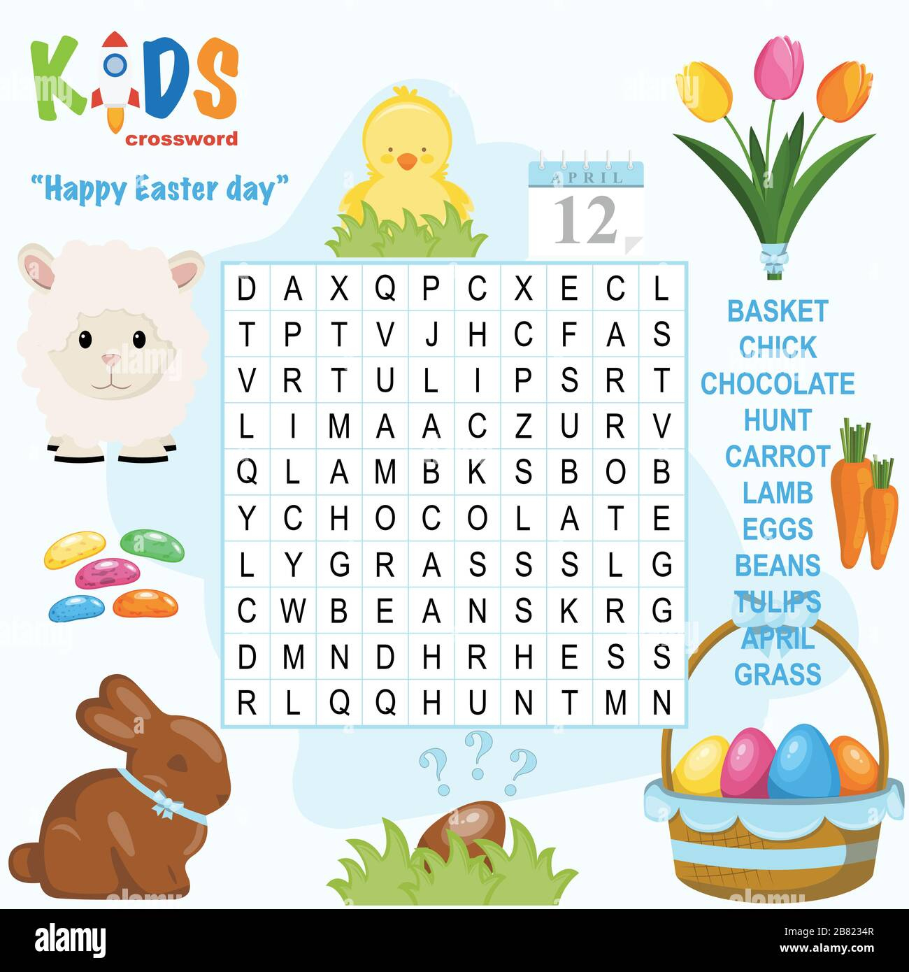 Easy Word Search Crossword Puzzle &amp;#039;Happy Easter Day&amp;#039;, For Children inside Kids Easter Crossword Puzzles