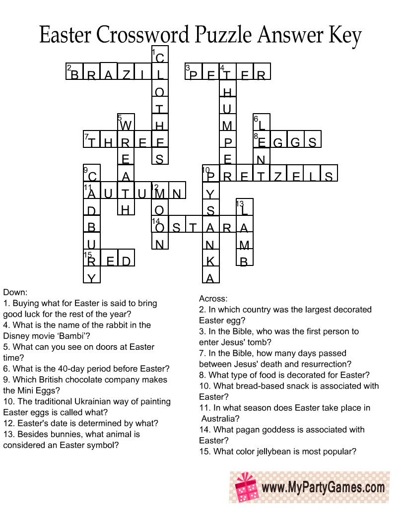 Free Printable Easter Crossword Puzzle With Key inside Easter Crossword Puzzles Answer Key