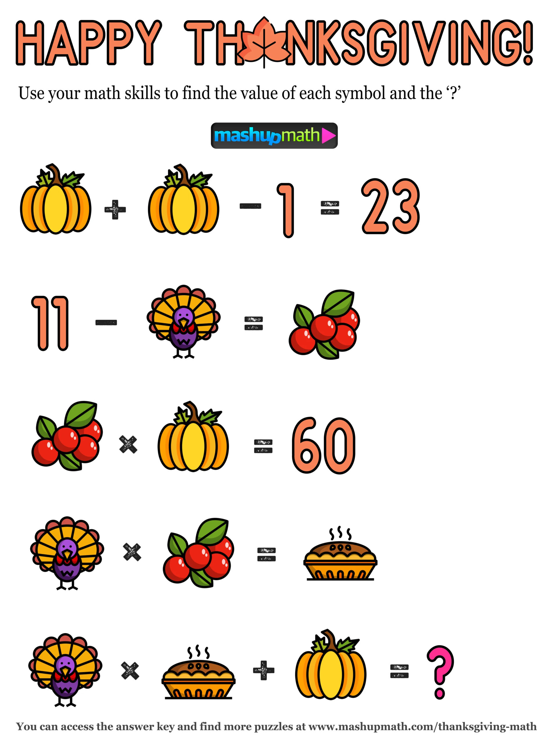 12 Thanksgiving Math Activities For Grades 1-8 — Mashup Math inside Thanksgiving Math Logic Puzzles