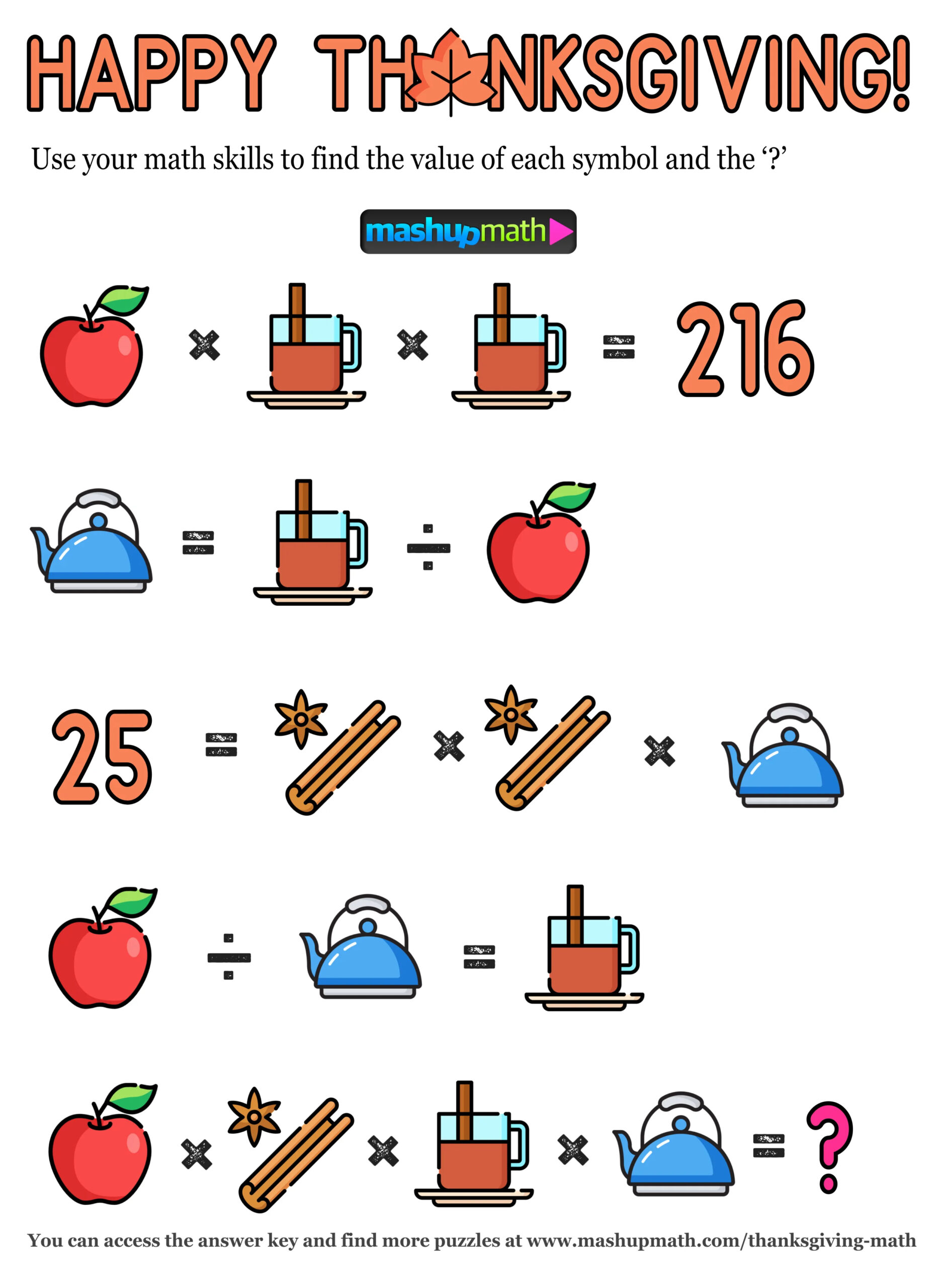 12 Thanksgiving Math Activities For Grades 1-8 — Mashup Math within Thanksgiving Math Puzzles Printable