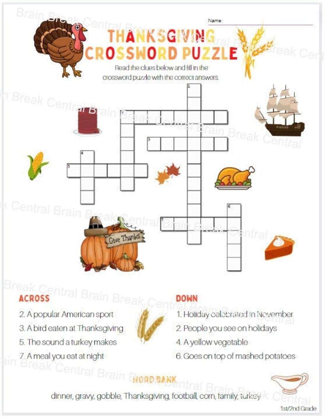 1St Grade Thanksgiving Crossword Puzzle With Word Bank And Answer throughout Thanksgiving Crossword Puzzles With Answers