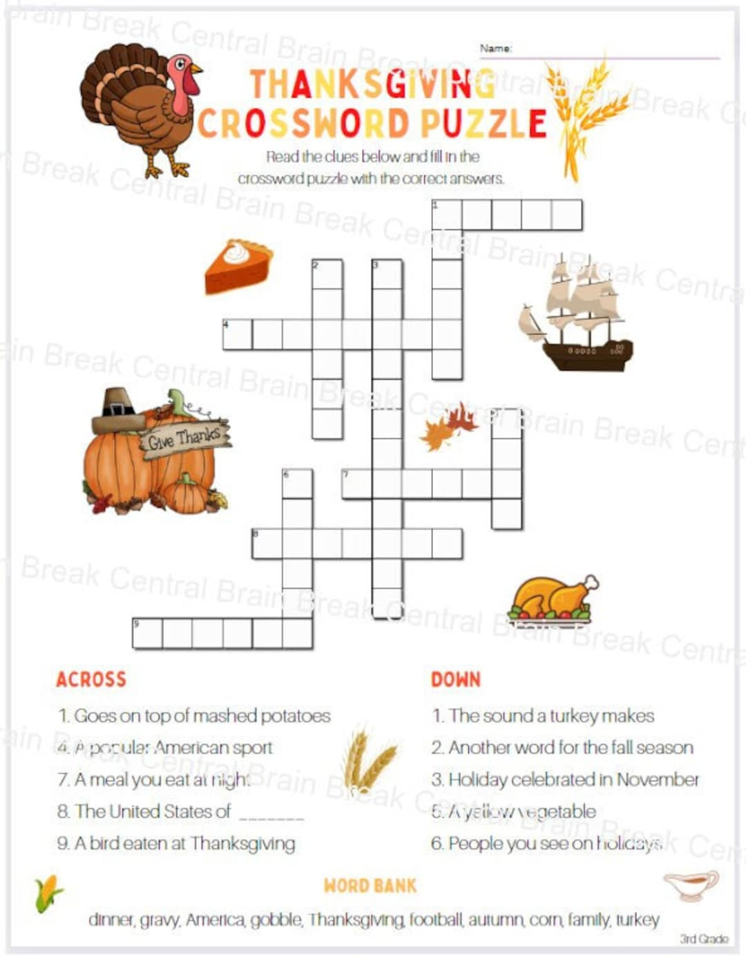 3Rd Grade Thanksgiving Crossword Puzzle With Word Bank And Answer in Thanksgiving Crossword Puzzle With Word Bank