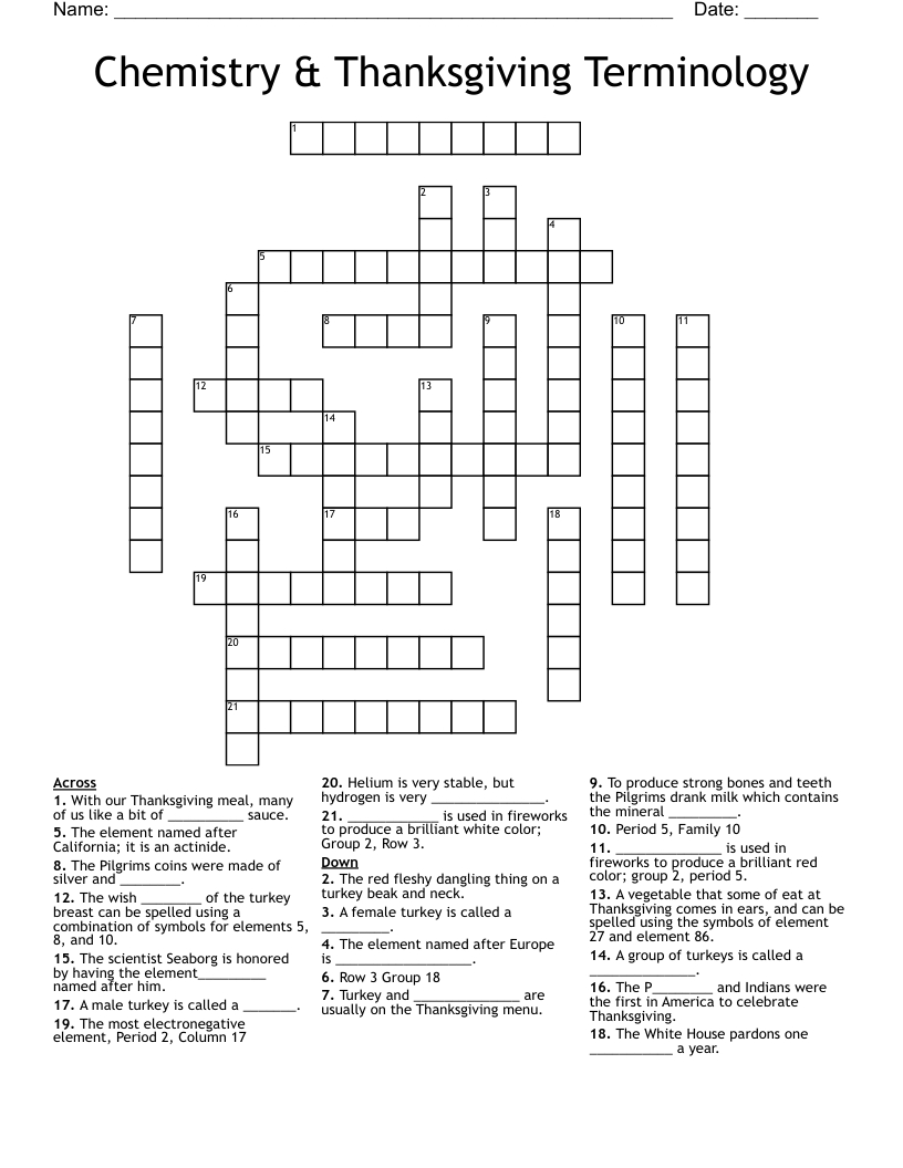 Chemistry &amp;amp; Thanksgiving Terminology Crossword - Wordmint with Thanksgiving Element Puzzle
