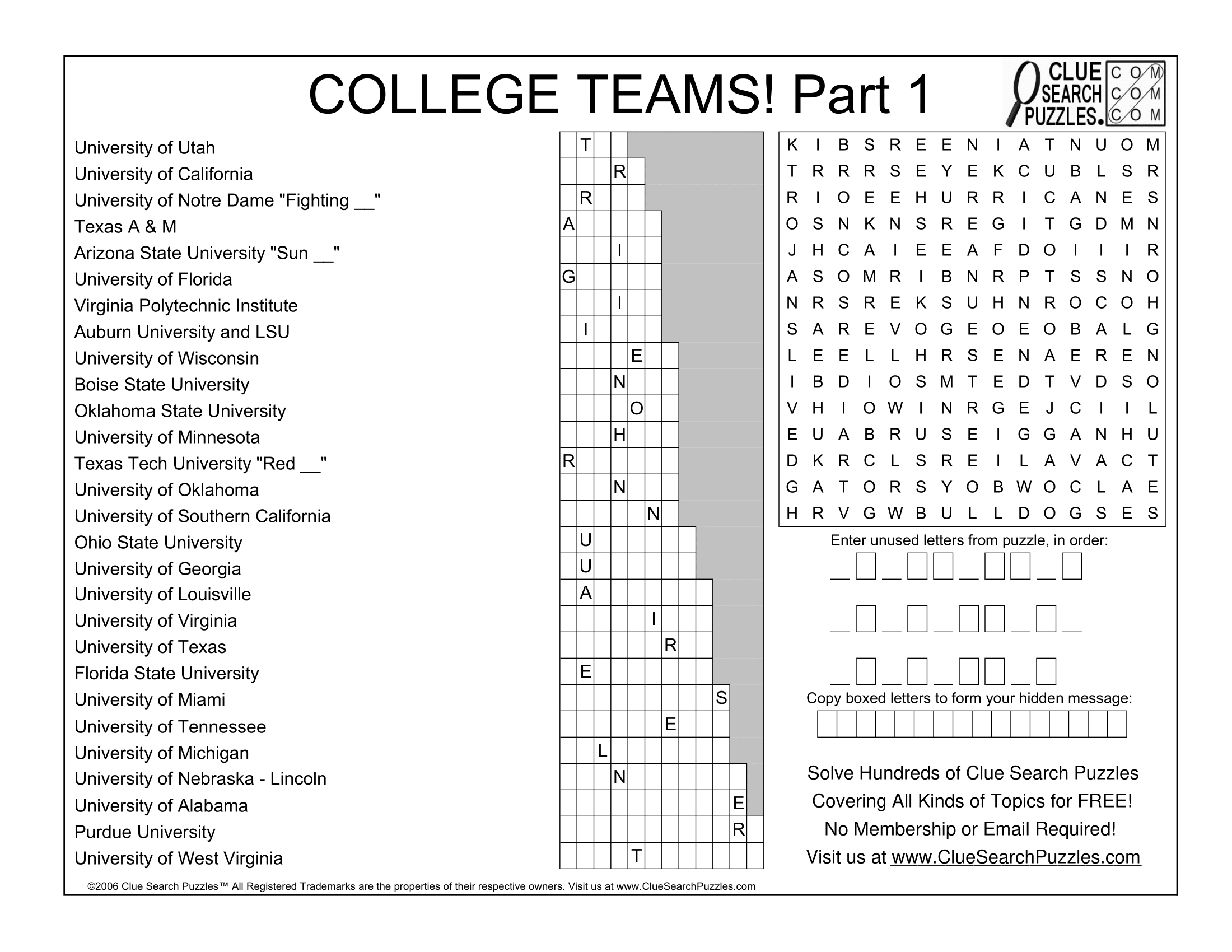 College Teams Part 1 Trivia Quiz inside Clue Search Puzzles Answer Key Thanksgiving