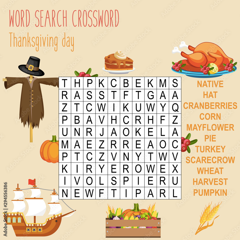 Easy Word Search Crossword Puzzle &amp;#039;Thanksgiving Day&amp;#039;, For Children throughout Thanksgiving Clue Search Puzzle