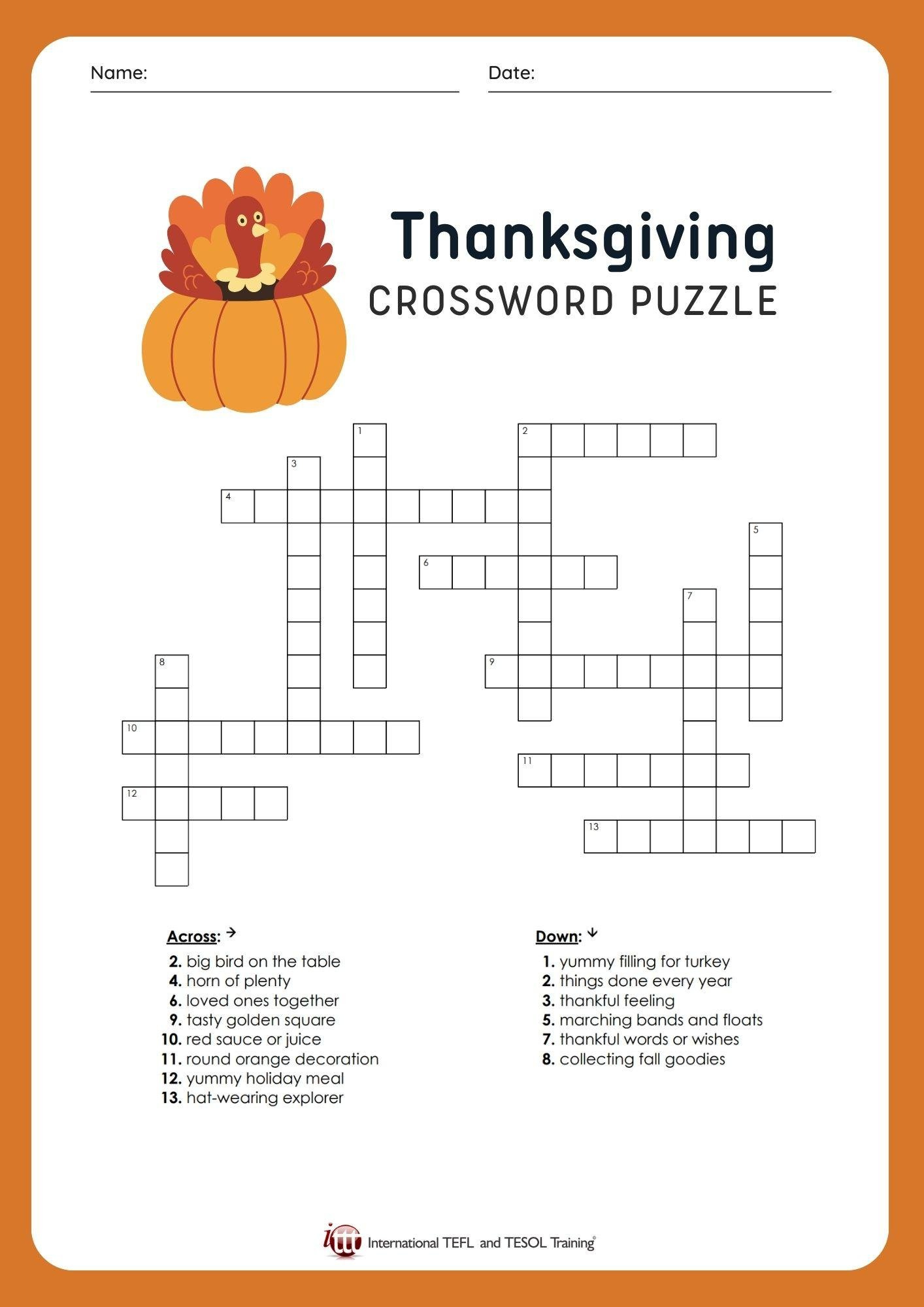 Efl Thanksgiving Vocabulary Crossword Puzzle | ✔ ✔ ✔ Ittt for Thanksgiving Word Crossword Puzzle