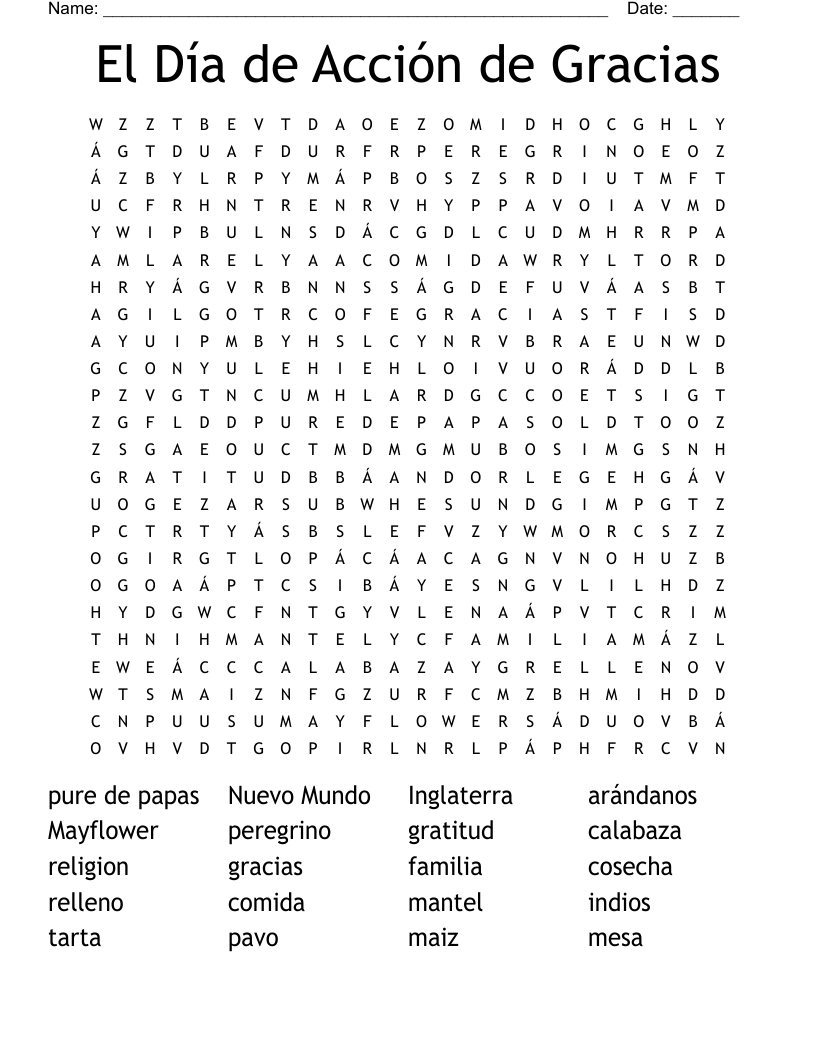 El Dia De Accion De Gracias Crossword - Wordmint inside Spanish Thanksgiving Crossword Puzzle Answers