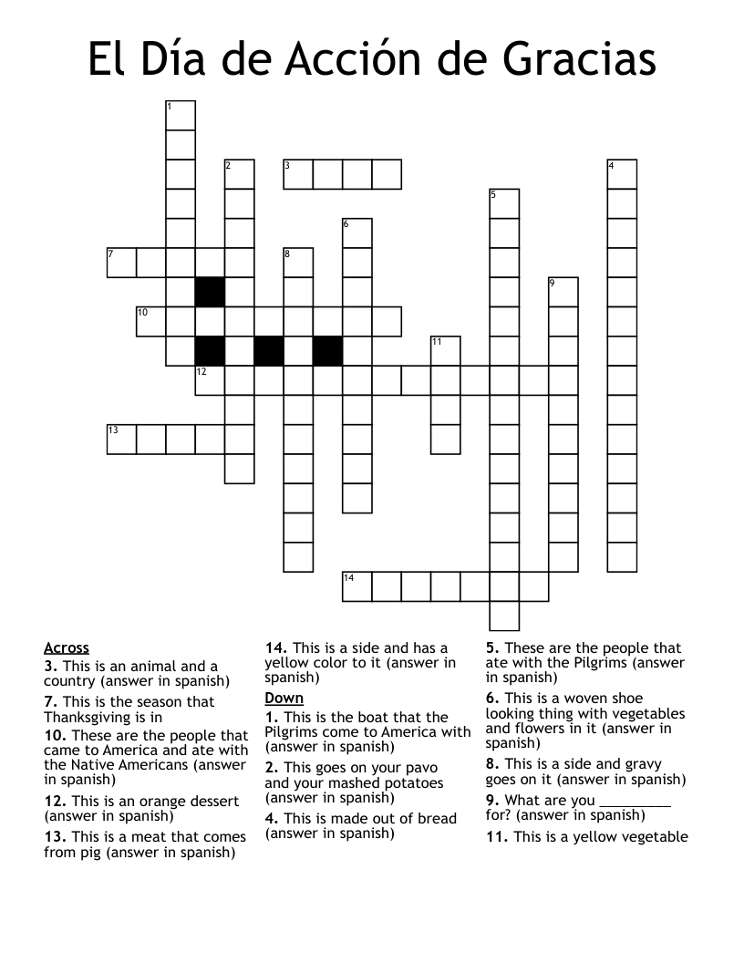 El Día De Acción De Gracias Crossword - Wordmint within Spanish Thanksgiving Crossword Puzzle Answers