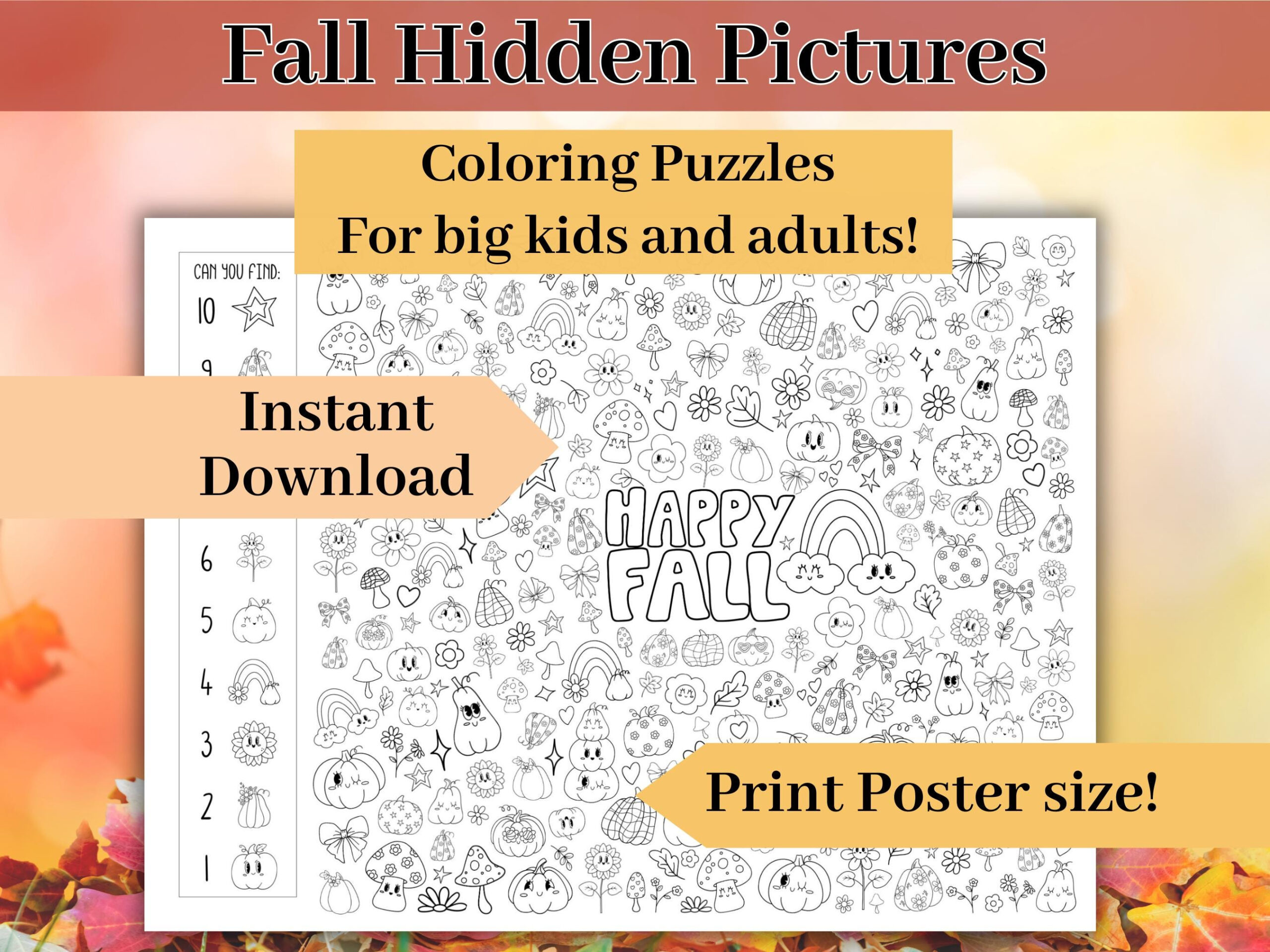 Fall Hidden Objects Coloring Puzzle Poster, Thanksgiving Search for Thanksgiving Hidden Picture Puzzle