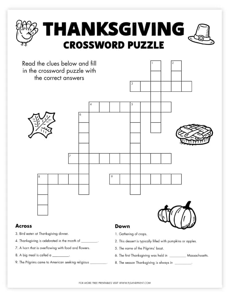 Free Printable Thanksgiving Crossword Puzzle - Pjs And Paint within Thanksgiving Crossword Puzzles To Print