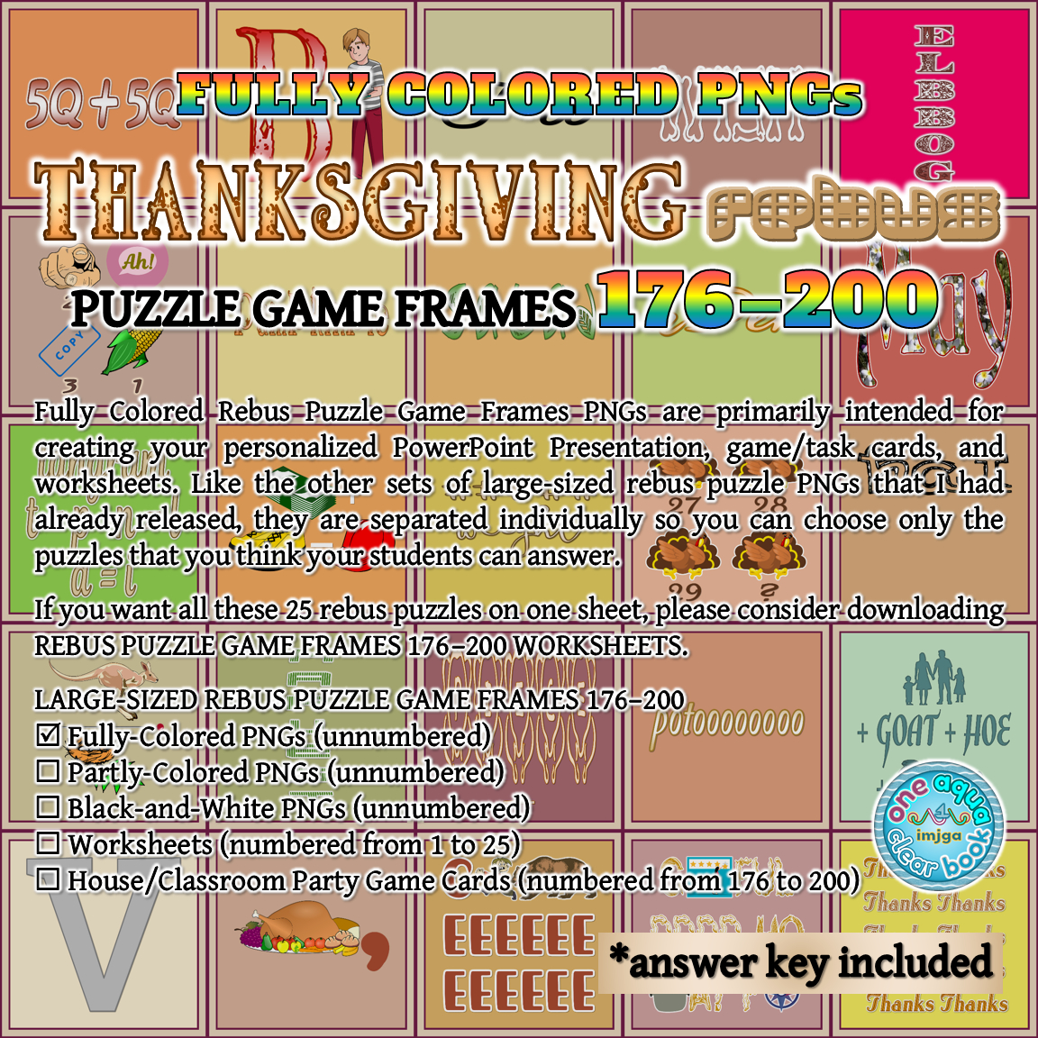 Fully Colored Thanksgiving Rebus Puzzle Game Frames 176–200 Pngs for Thanksgiving Rebus Puzzles With Answers