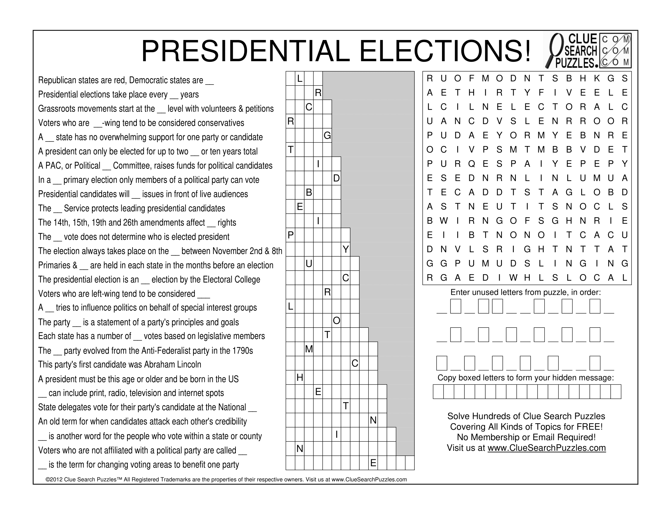 Presidential Elections Trivia Quiz in Clue Search Puzzles Thanksgiving Answer Key