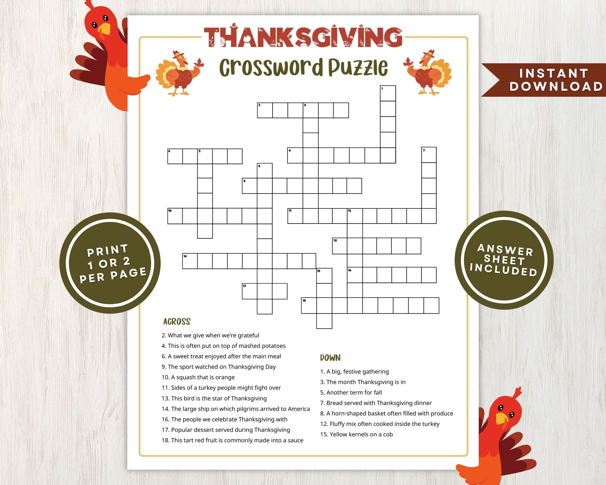 Printable Thanksgiving Crossword Puzzle For Kids And Adults with regard to Printable Thanksgiving Puzzles