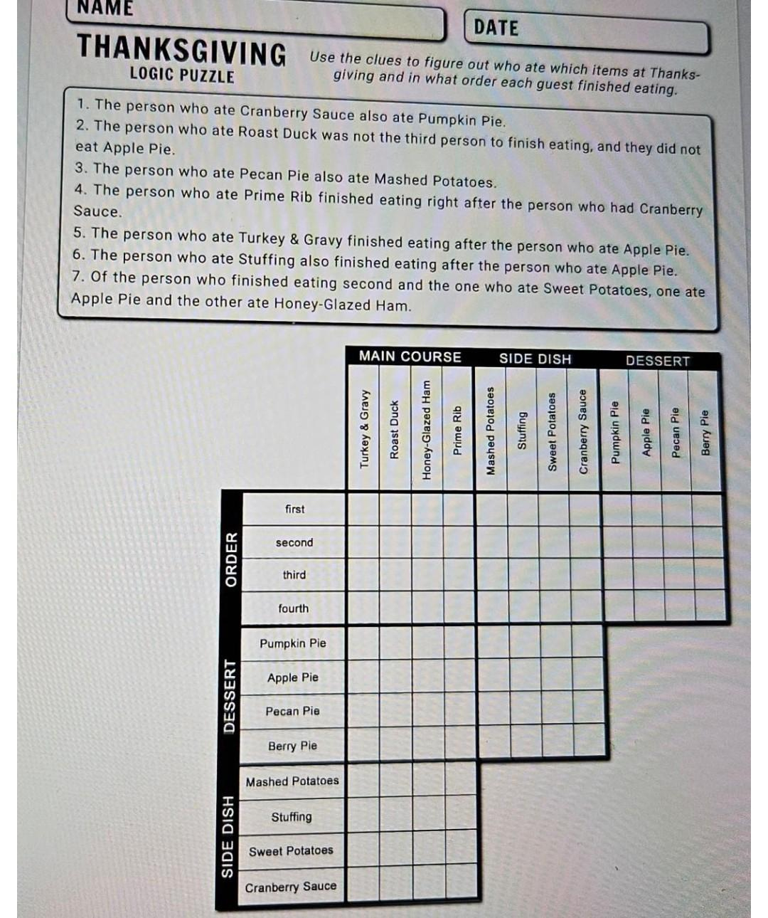 Solved Thanksgiving Logic Puzzle Use The Clues To Figure Out for Thanksgiving Logic Puzzle Answers