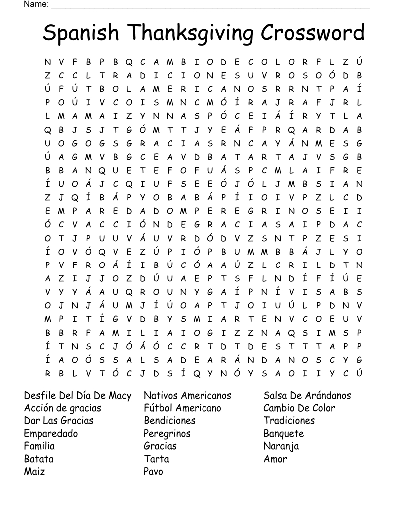 Spanish Thanksgiving Crossword Word Search - Wordmint for Spanish Thanksgiving Crossword Puzzle