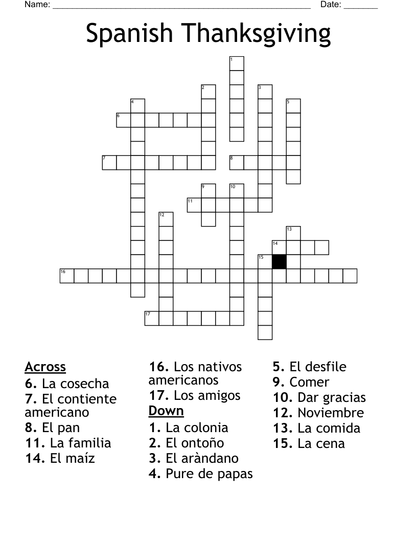 Spanish Thanksgiving Crossword - Wordmint intended for Spanish Thanksgiving Crossword Puzzle Answers