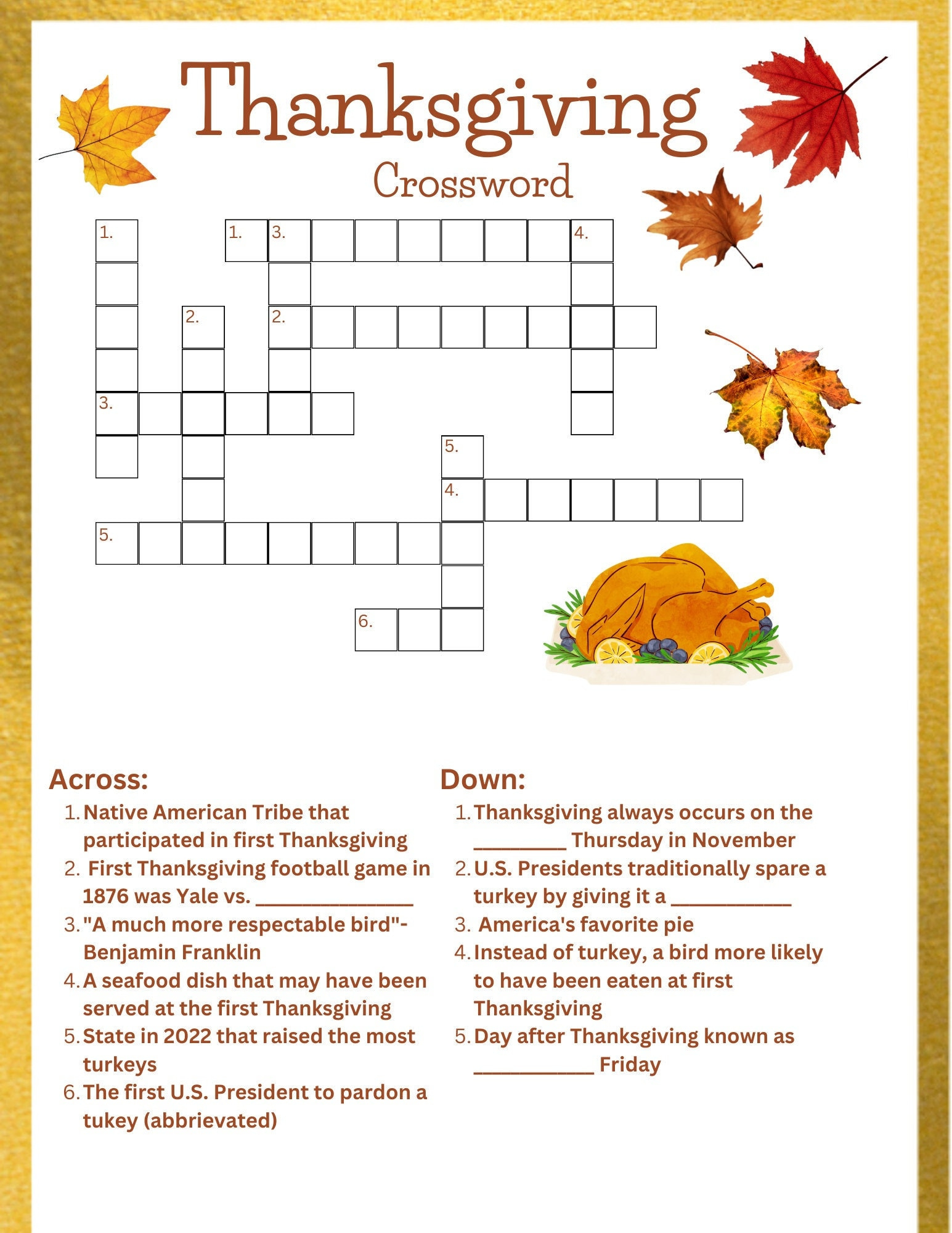 Thanksgiving Crossword - Etsy Uk throughout Thanksgiving Crossword Puzzle Worksheet Answer Key