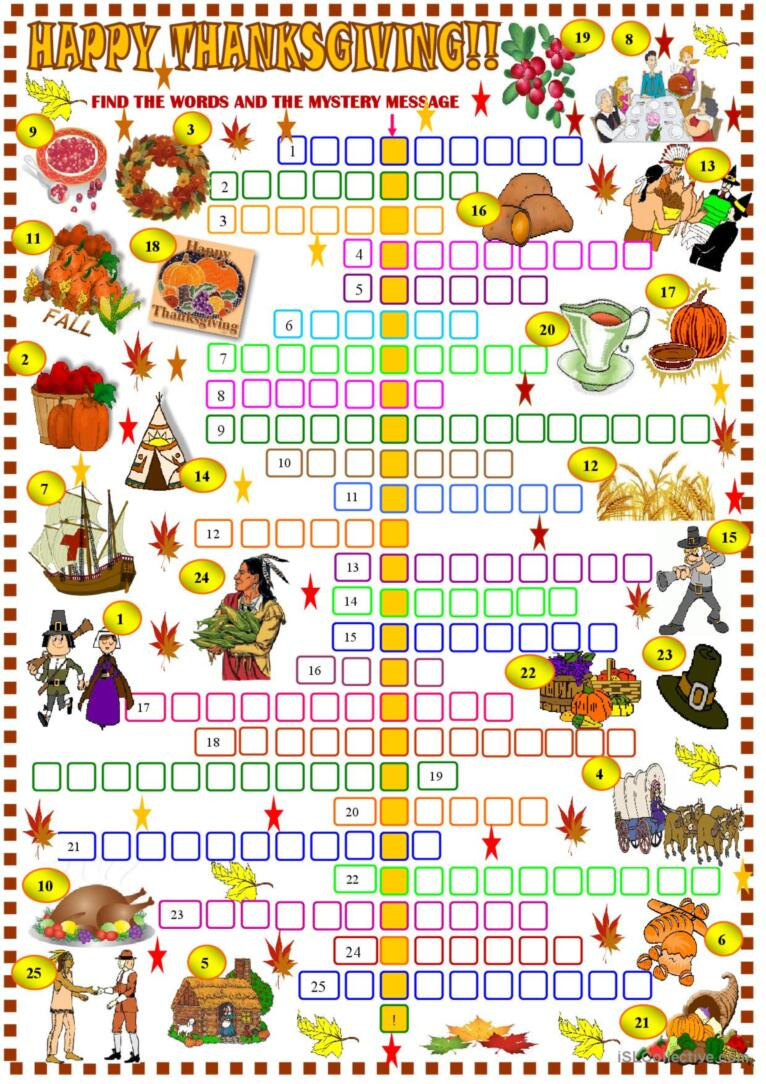 Thanksgiving: Crossword Puzzl…: English Esl Worksheets Pdf &amp;amp; Doc with regard to Esl Thanksgiving Crossword Puzzle