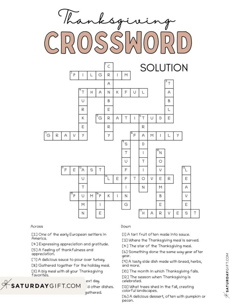 Thanksgiving Crossword Puzzle - Cute &amp;amp; Free Printable | Saturdaygift regarding Free Printable Thanksgiving Crossword Puzzle