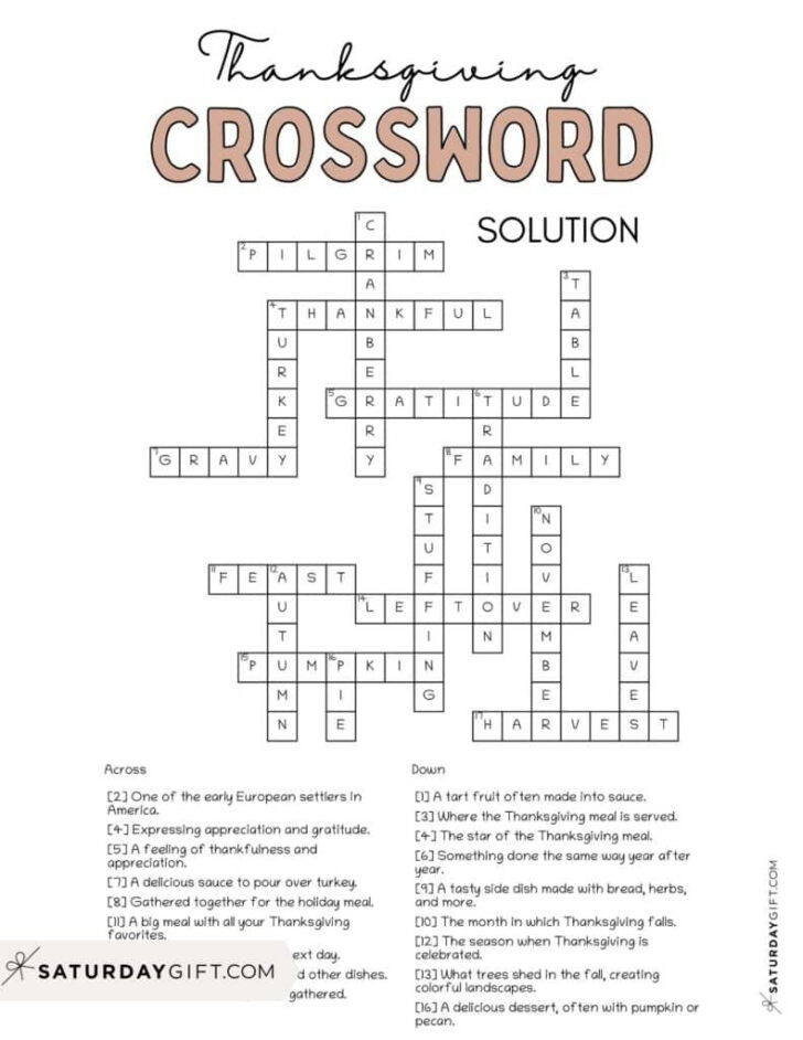 Thanksgiving Crossword Puzzle Free Printable