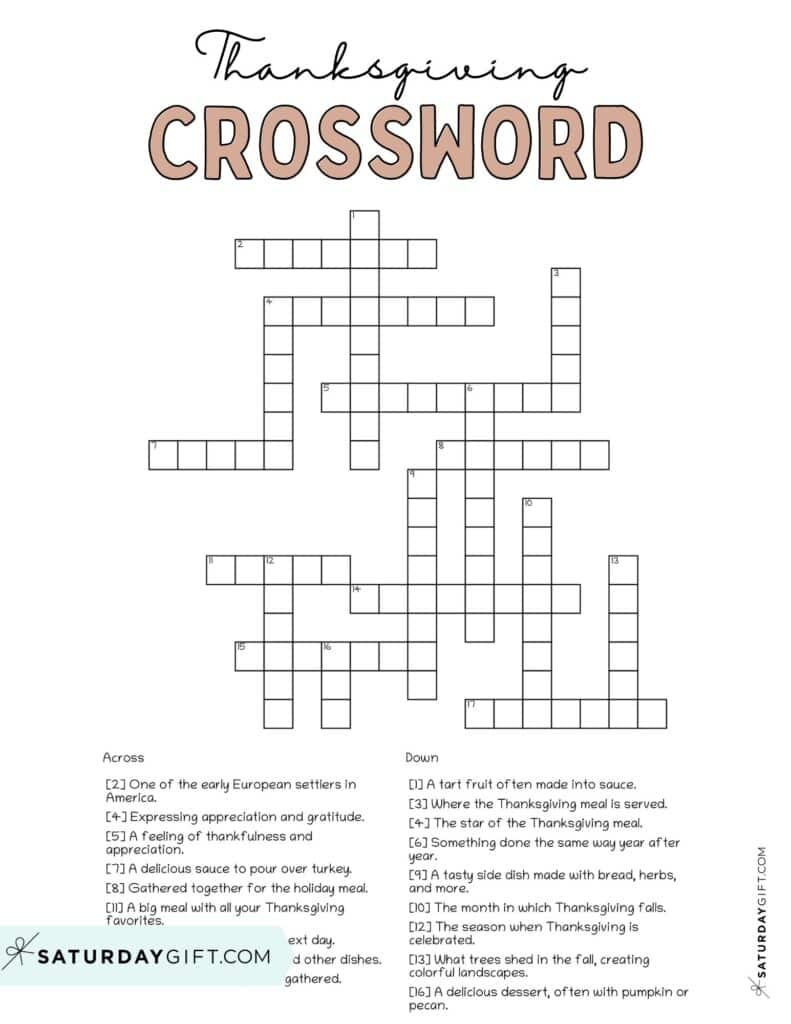 Thanksgiving Crossword Puzzle - Cute &amp;amp; Free Printable | Saturdaygift within Thanksgiving Crossword Puzzles For Adults