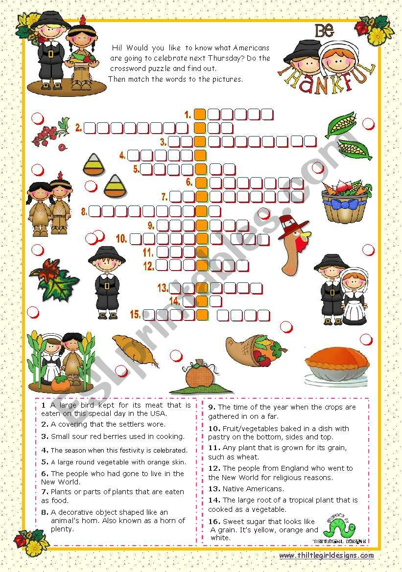 Thanksgiving Crossword Puzzle - Esl Worksheetmena22 for Esl Thanksgiving Crossword Puzzle
