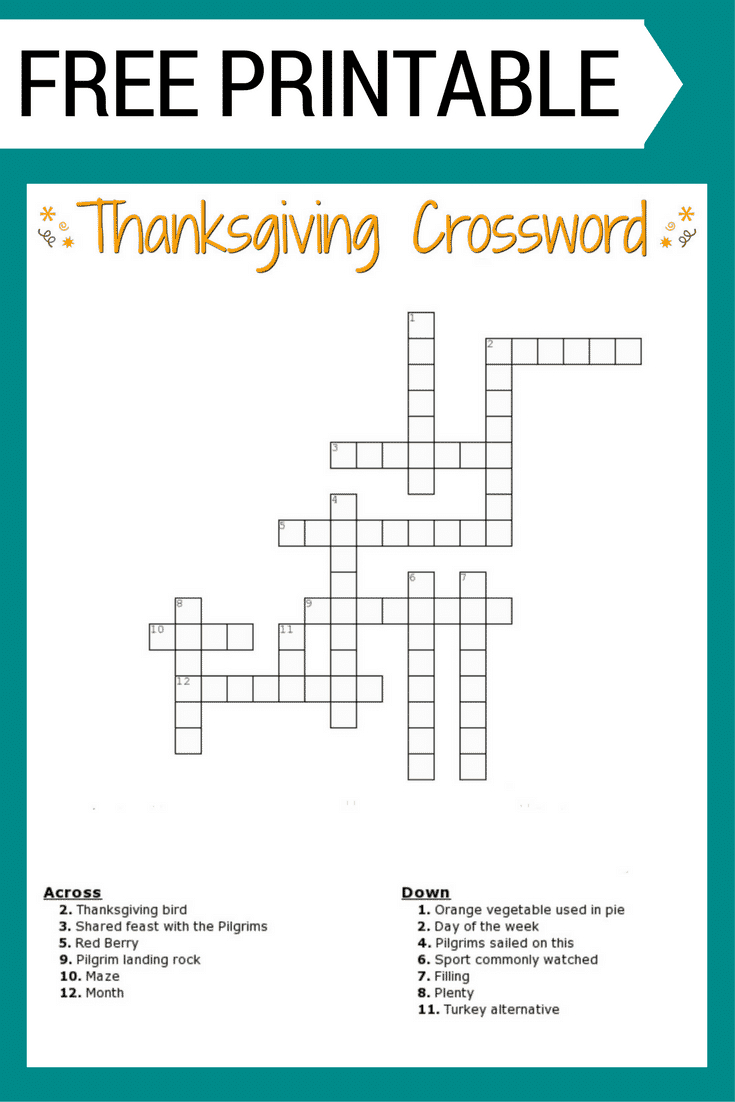 Thanksgiving Crossword Puzzle Free Printable For Kids Or Adults for Free Printable Thanksgiving Crossword Puzzle