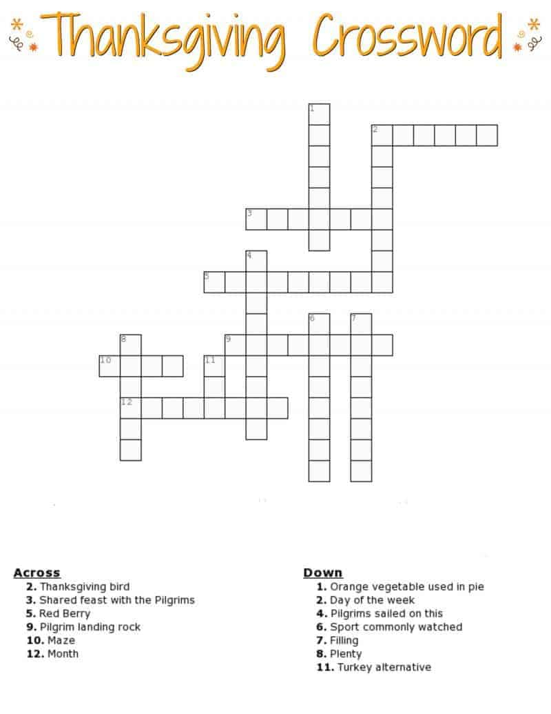 Thanksgiving Crossword Puzzle Free Printable For Kids Or Adults for Thanksgiving Word Crossword Puzzle