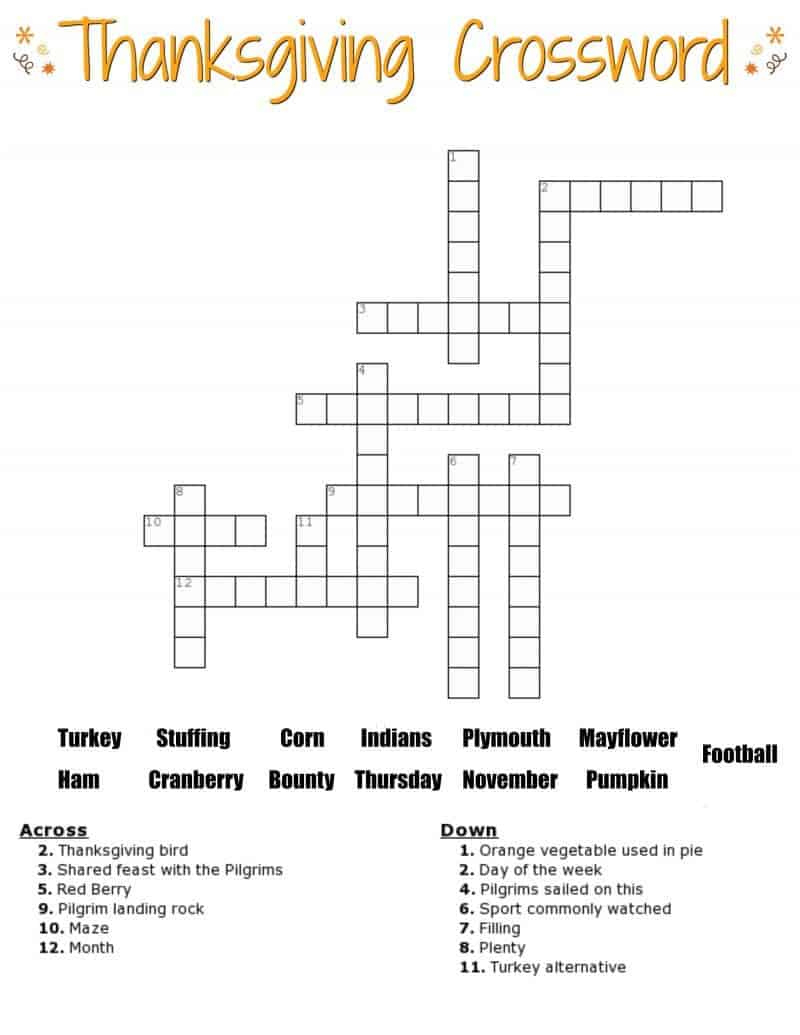 Thanksgiving Crossword Puzzle Free Printable For Kids Or Adults within Thanksgiving Crossword Puzzle With Word Bank