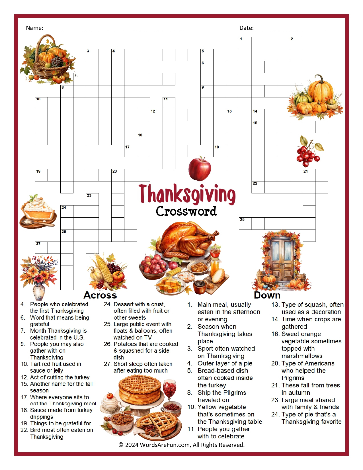 Thanksgiving Crossword Puzzle with regard to First Thanksgiving Foods Crossword Puzzle Answer Key