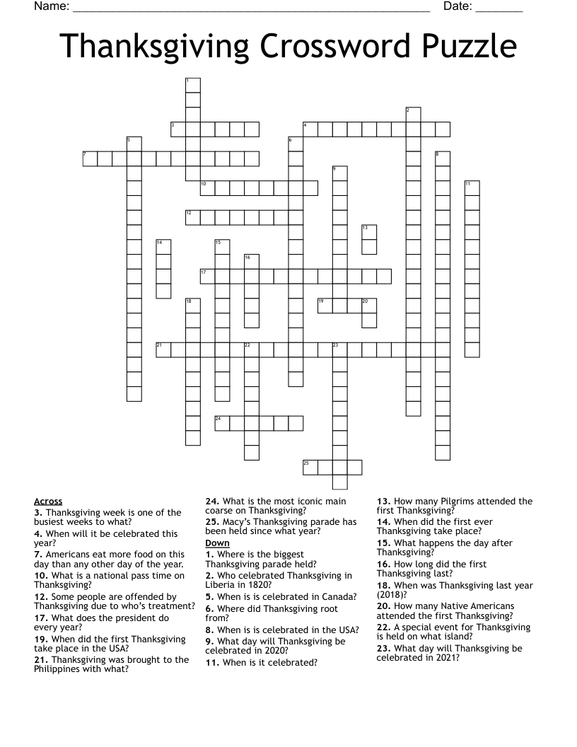 Thanksgiving Crossword Puzzle - Wordmint in The First Thanksgiving Crossword Puzzle