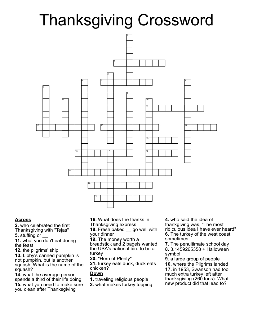 Thanksgiving Crossword - Wordmint in Thanksgiving Crossword Puzzle Answer Key