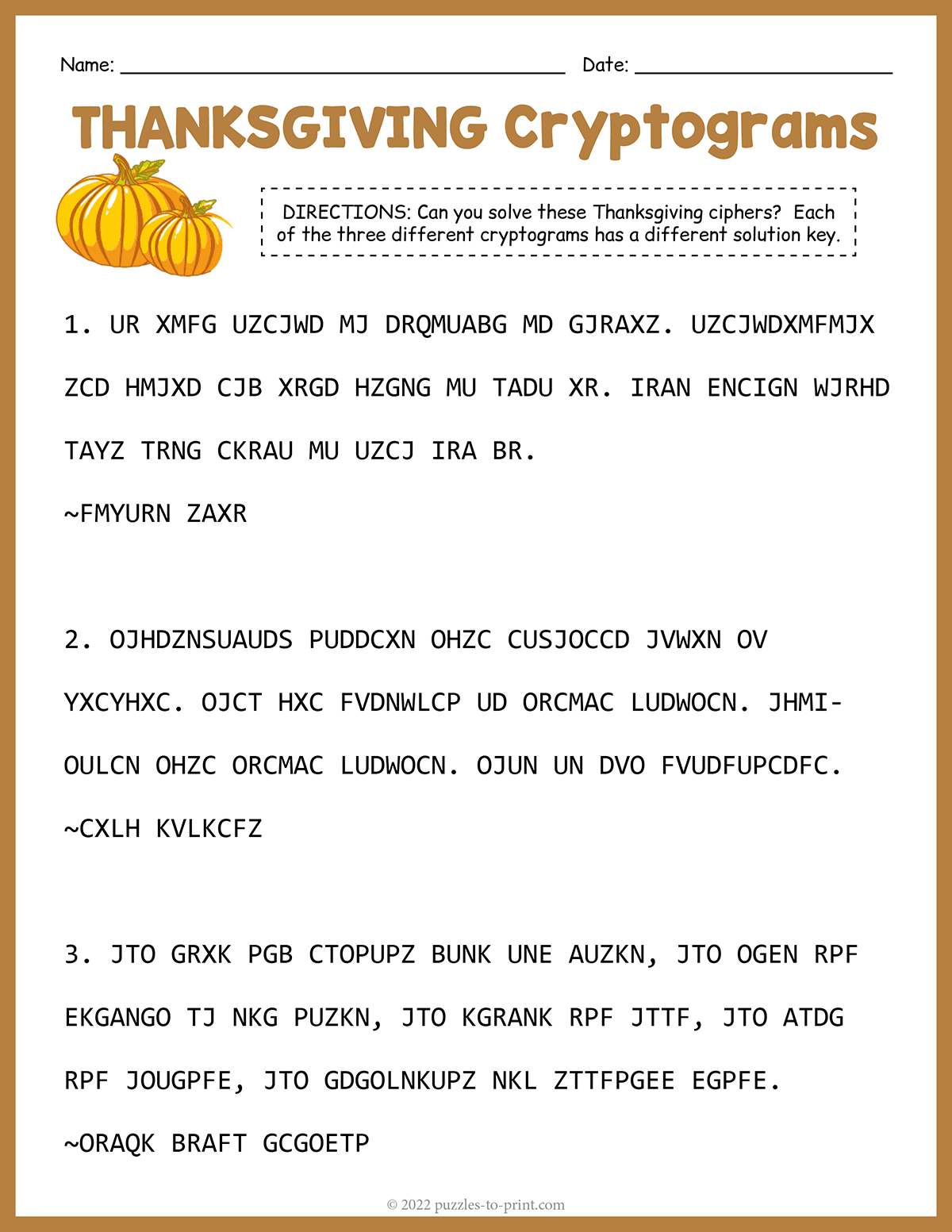 Thanksgiving Cryptograms pertaining to Thanksgiving Secret Message Puzzle Answer Key