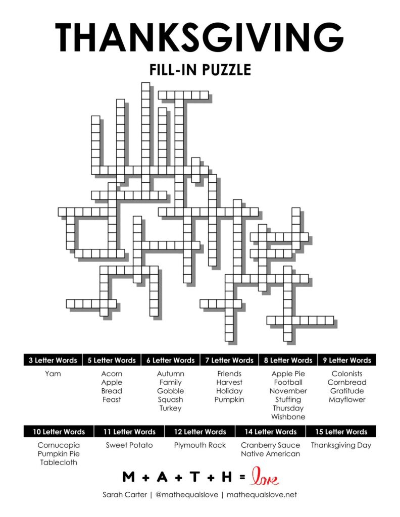 Thanksgiving Fill-In Word Puzzle | Math = Love in Thanksgiving and Algebra Crossword Puzzle Answers