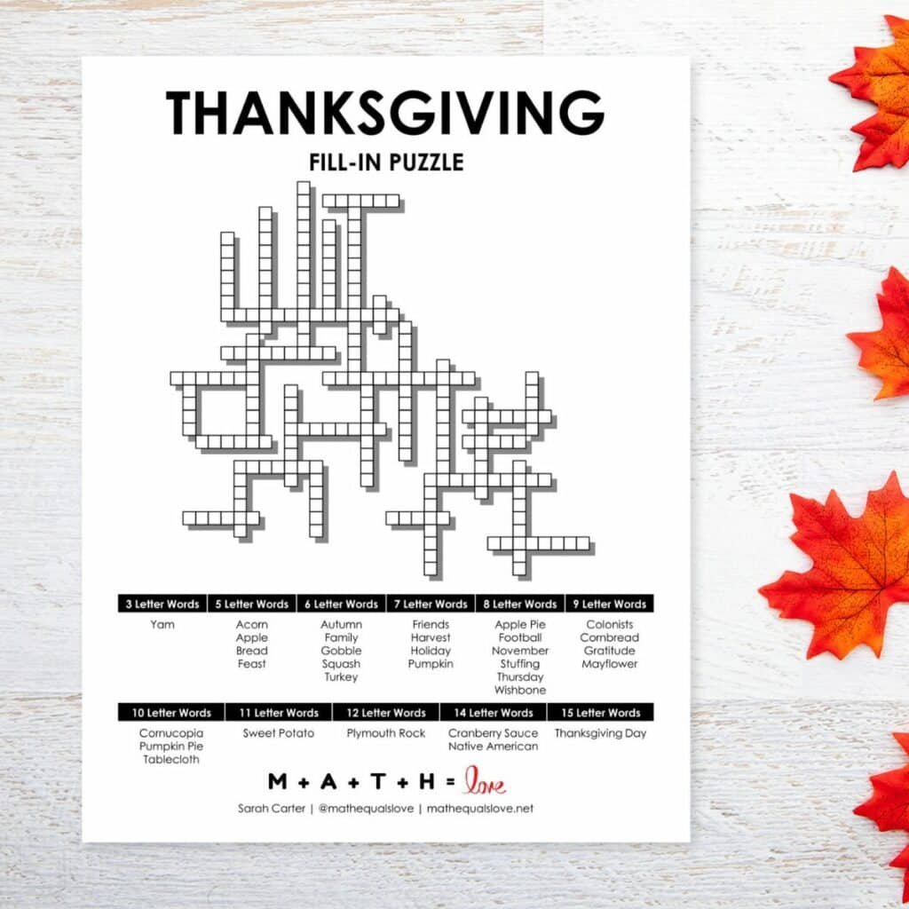 Thanksgiving Fill-In Word Puzzle | Math = Love within Thanksgiving And Algebra Crossword Puzzle Answers