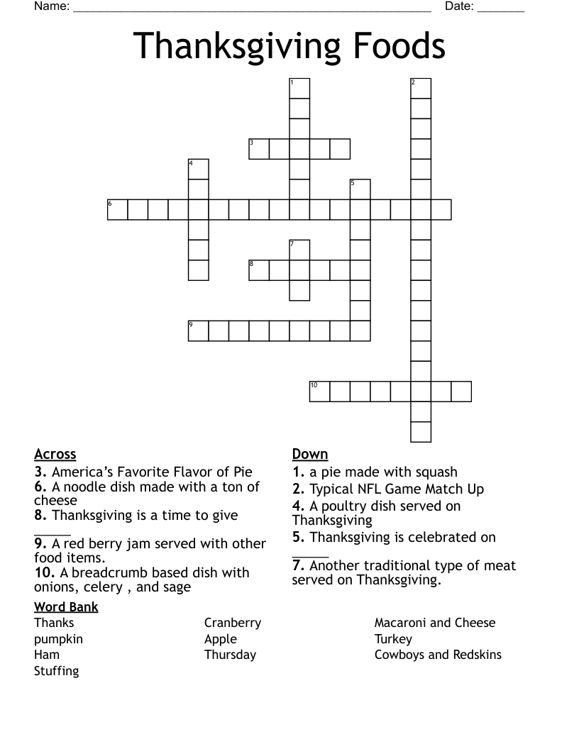 Thanksgiving Foods Crossword - Wordmint regarding First Thanksgiving Foods Crossword Puzzle Answer Key