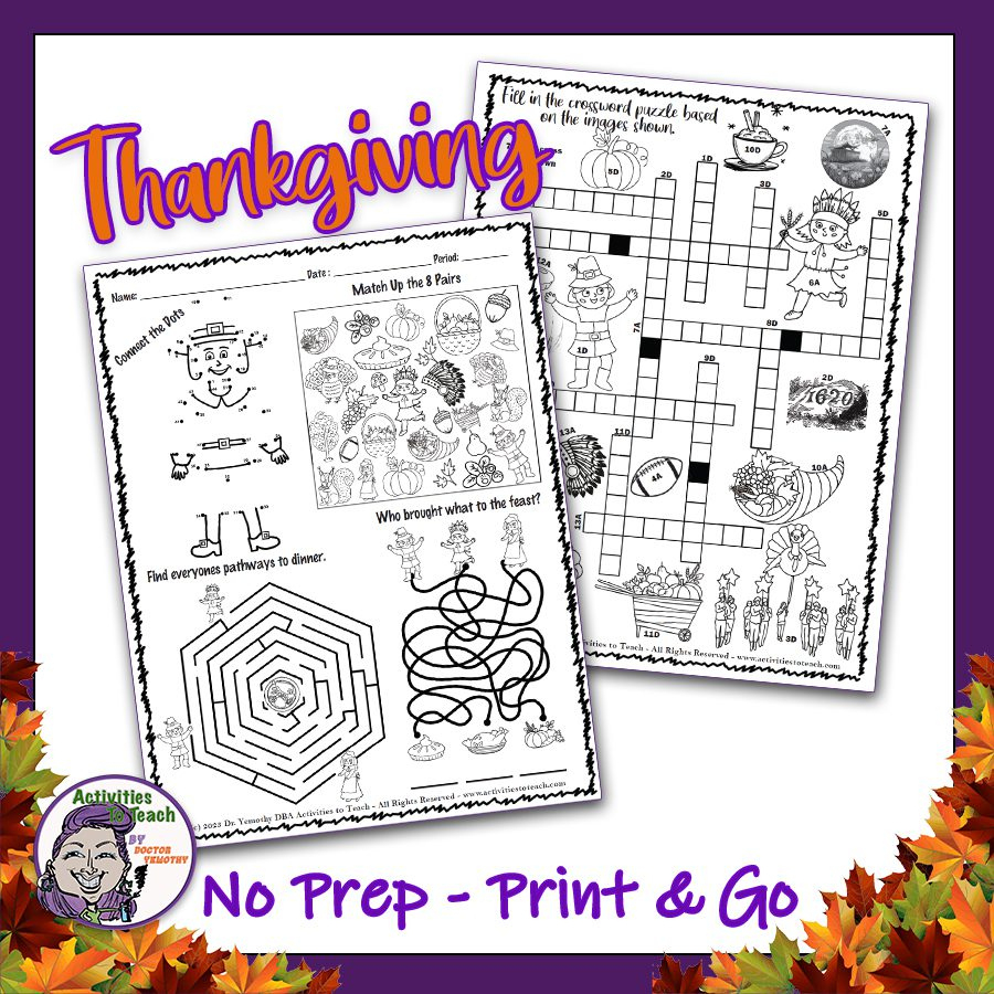 Thanksgiving Fun Activity Puzzle Worksearch Crossword Maze Worksheet Packet within Thanksgiving Element Puzzle