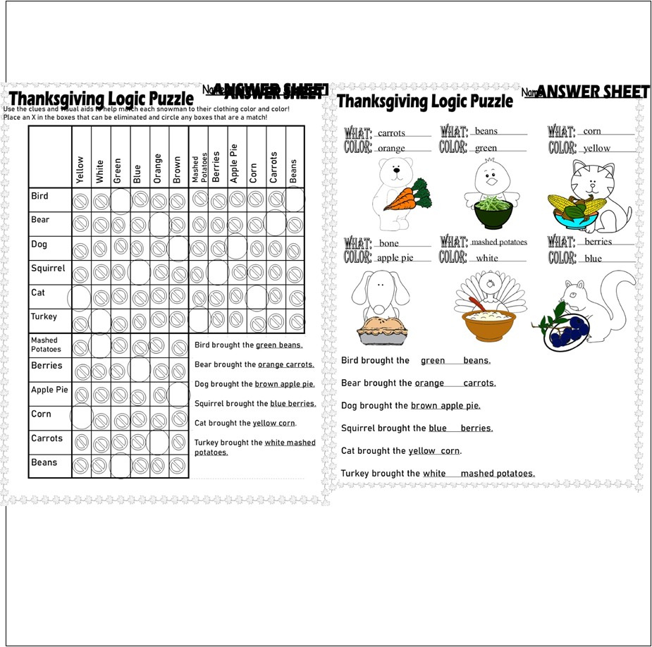 Thanksgiving Logic Puzzle Critical Thinking Skills Graph Visuals intended for Thanksgiving Logic Puzzle Printables