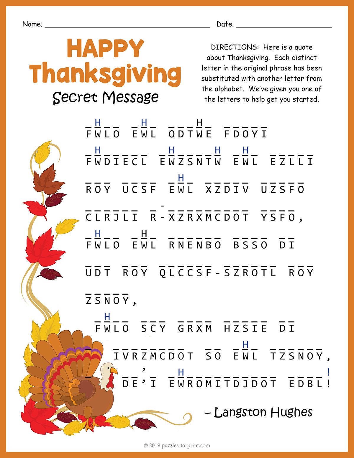 Thanksgiving Secret Message Puzzle with Thanksgiving Secret Message Puzzle Answer Key