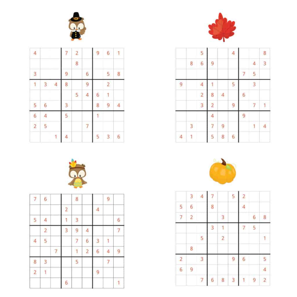 Thanksgiving Sudoku - {Free Printable} - Kids Activity Zone for Thanksgiving Sudoku Puzzle Answers
